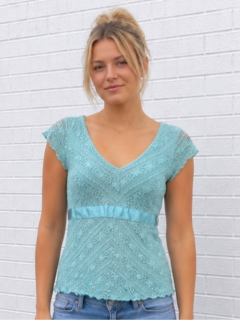 Vintage Y2K Aqua blue Lace Top Size Small babydoll Fairycore Romantic v-neck top
